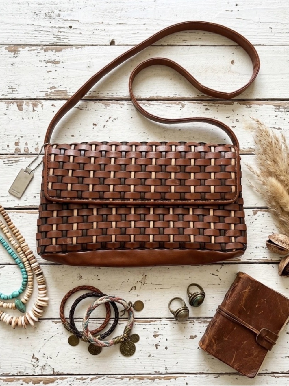Nine West Brown Woven Leather Crossbody Bag